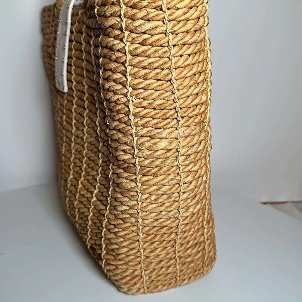 MICHAEL KORS Vintage large straw husk and white leather with gold tone studs